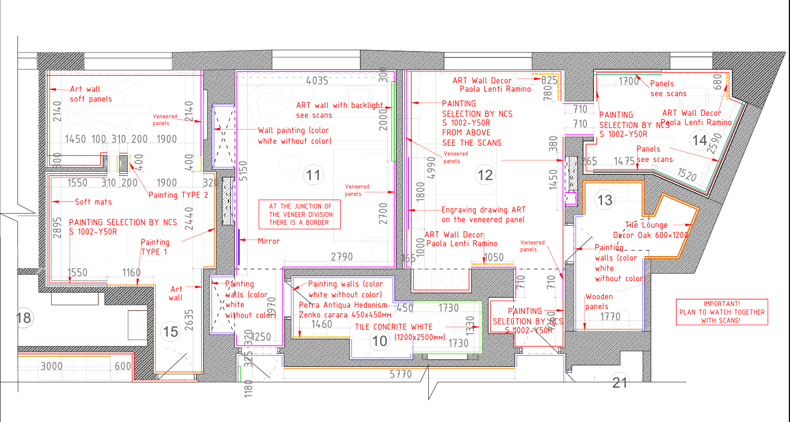Wall finishing plan 1st BEDROOM, 2nd BEDROOM GAME and Working space